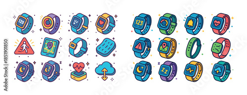 Colorful smartwatch icons representing various fitness and healt
