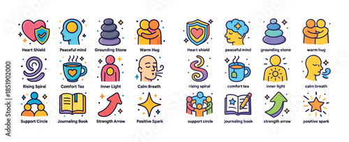 Heartwarming icons set: calm, support, peace, inner light, posit