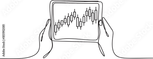 Continuous one line drawing of hands holding tablet showing candlestick stock graph, stock investment concept, single line design. one line Icon drawing