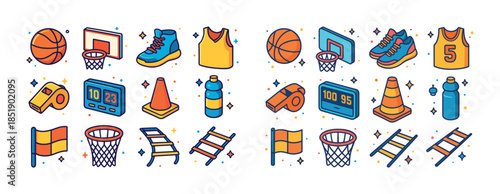 Colorful sports equipment icons including basketball, shoes, and