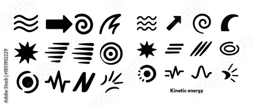 Collection of dynamic kinetic energy symbols and icons in variou