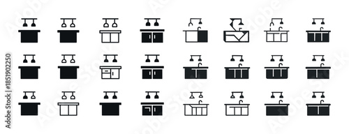 Set of minimalist kitchen island and cabinet icons in black and