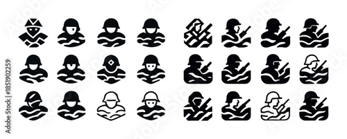 Icon set of soldiers in various helmets and poses