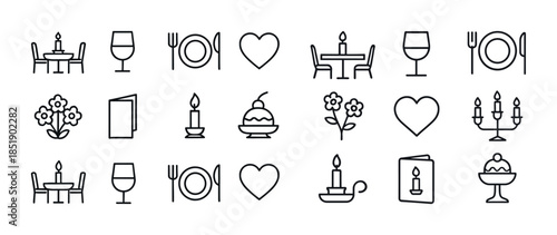 Romantic dinner icons: candles, wine, hearts, and dining element