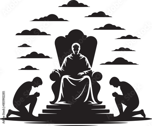 People praying before a king figure on throne illustration