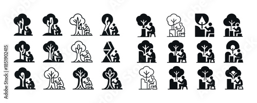 Icons of people sitting under trees in various styles and design