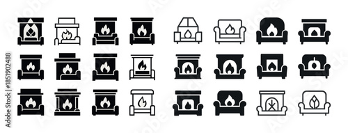 Collection of fireplace and sofa icons in various styles and des