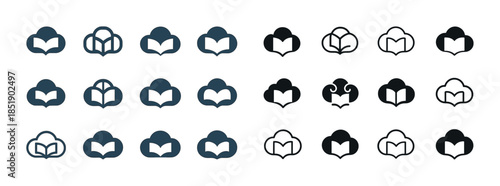 Collection of book cloud icons in black and white variations