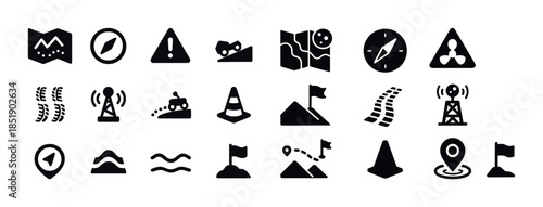 Black travel and navigation icons set on white background