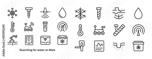 Mars exploration icons: rovers, drills, water detection, tempera