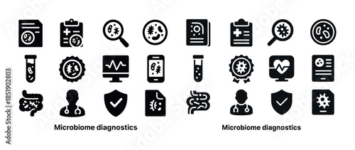 Microbiome diagnostics icons set for health and medical analysis