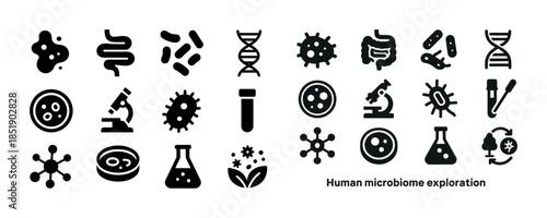 Human microbiome exploration icons set: dna, microscope, bacteri