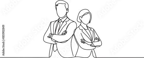 Continuous one line drawing of businessman and businesswoman standing together and crossing arms, business teamwork. one line Icon drawing