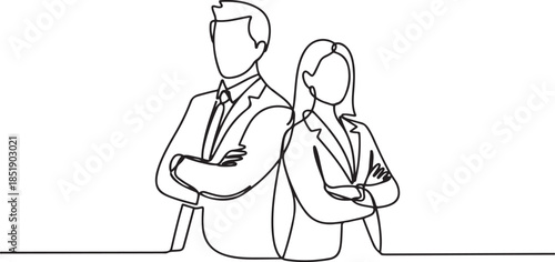 Continuous one line drawing of businessman and businesswoman standing together and crossing arms, business teamwork. one line Icon drawing