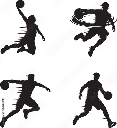 Dynamic Silhouettes of Athletes Playing Basketball in Various Action Poses