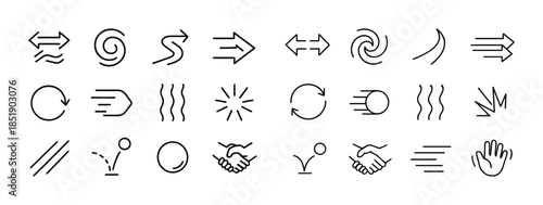 Minimalist black line arrow and motion icons collection on white