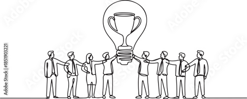 Continuous one line drawing of business people holding big light bulb with trophy as filament, winning mentality in business team concept. one line Icon drawing