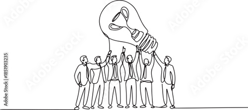 Continuous one line drawing of business people holding big light bulb with trophy as filament, winning mentality in business team concept. one line Icon drawing