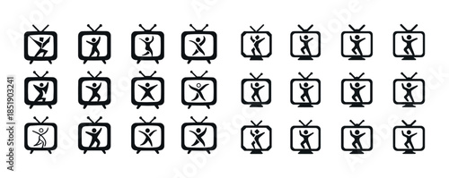 Cartoon stick figures dancing in television outline icons grid