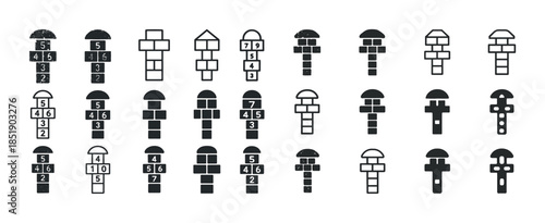 Black and white hopscotch vector icons set with numbers and geom