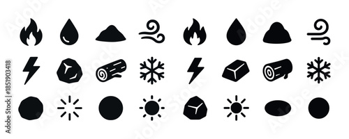 Black icons set: fire, water, earth, air symbols with lightning