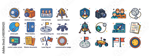 Space exploration icons including mission patch, rover, telescop