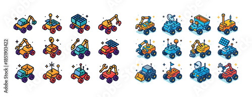 Collection of colorful cartoon space rovers with various tools a