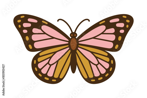 Vibrant butterfly illustration with delicate pink and gold wings against a white background.