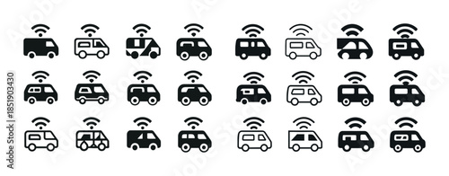 Set of camper van icons with wifi symbols in minimalist style