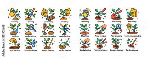 Garden care icons: watering, pruning, soil tending, mulching, fe
