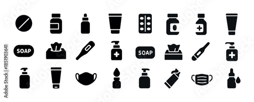 Healthcare icons: medicine, soap, masks, thermometer, sanitizer