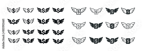 Collection of winged dollar sign icons in various styles and ori