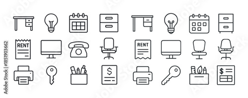Office equipment icons set: desk, lightbulb, calendar, filing ca