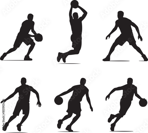 Silhouettes of basketball players in dynamic action poses