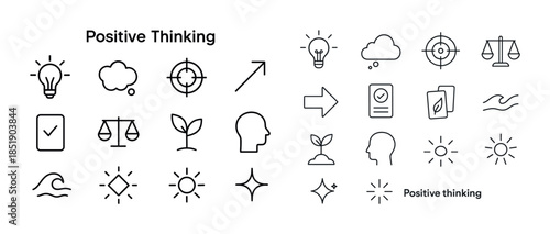 Positive thinking icons with various symbols for mindset and gro