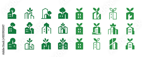 Green building icons set featuring eco-friendly designs and sust