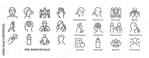 Pre-show rituals icons: breathing, vocal warm-up, group circle,