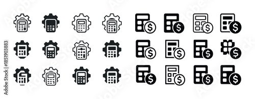 Set of calculator and finance icons in monochrome style