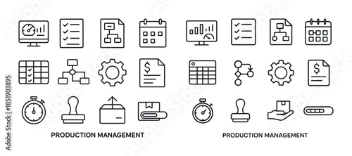 Collection of production management icons with calendars and cha