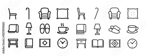 Minimalist home: chairs, pillows, decor, clocks, lamps, books