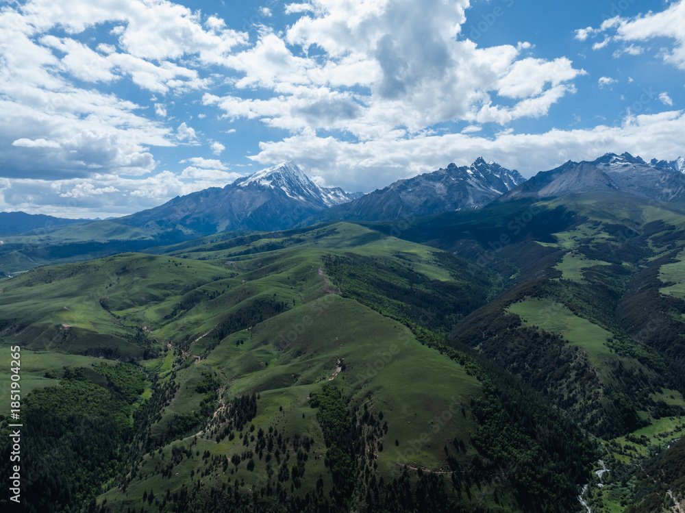 Fototapeta premium Aerial view of beautiful high altitude grassland mountains and forest landscape in China