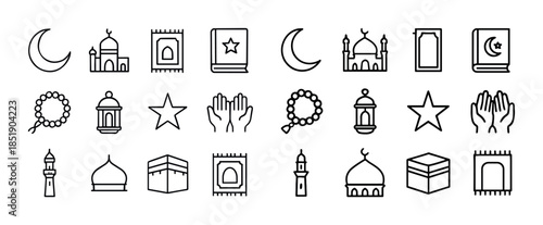 Islamic symbols: mosque, prayer beads, crescent moon, quran, kaa