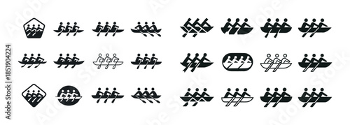 Rowing team icon set: diverse stylized designs of group paddling