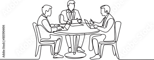 Continuous one line drawing of businesspeople discussing work around round table, business meeting, project discussion concept. one line Icon drawing