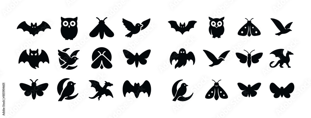 Fototapeta premium Silhouette icons of diverse flying animals: bats, owls, birds, b