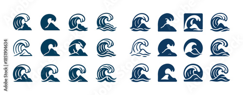 Collection of stylized ocean wave icons in minimalist design