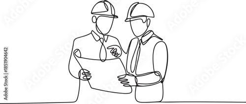 Continuous one line drawing of engineering manager discussing construction design with construction foreman. one line Icon drawing