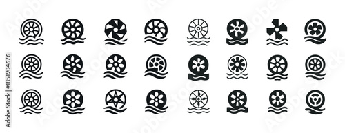 Set of 24 black waterwheel icons with various designs