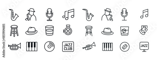 Jazz icons set: musical instruments, microphones, and accessorie