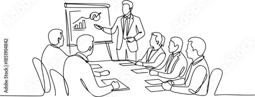 Continuous one line drawing of business manager giving marketing plan presentation for team members, business meeting concept. one line Icon drawing